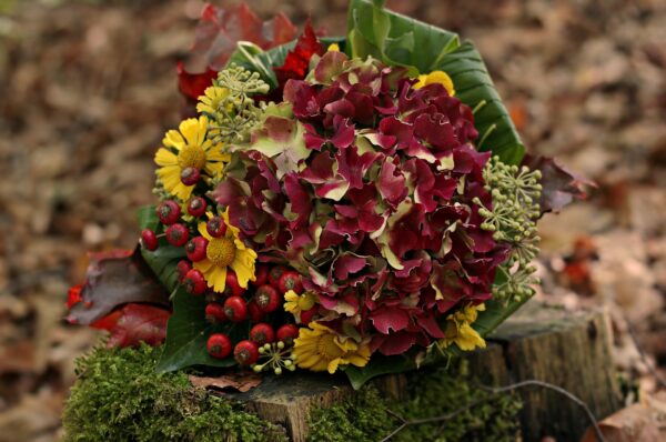 Herbst Strauß mit Hortensie und Sonnenbraut